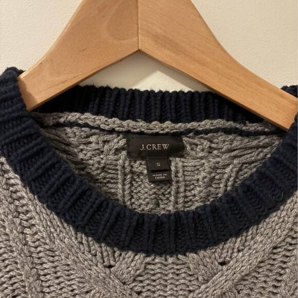 J.Crew Cable Knit Crewneck Sweater – Grey with Navy Trim – 100% Cotton - Picture 2 of 4